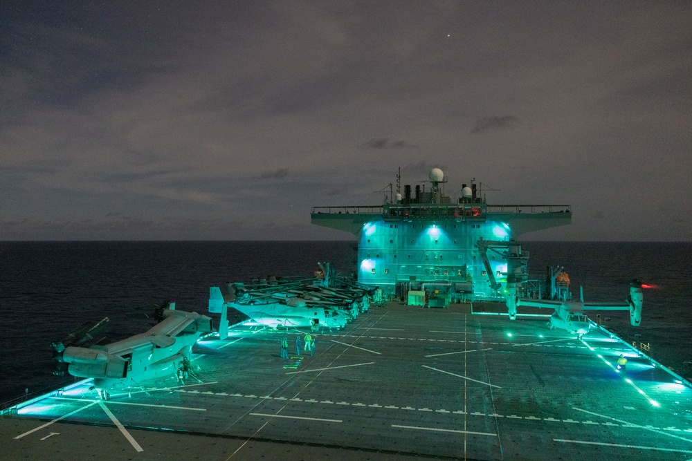 MRF-D 25.3: VMM-363 MV-22Bs conduct night flight ops aboard the USS Miguel Keith