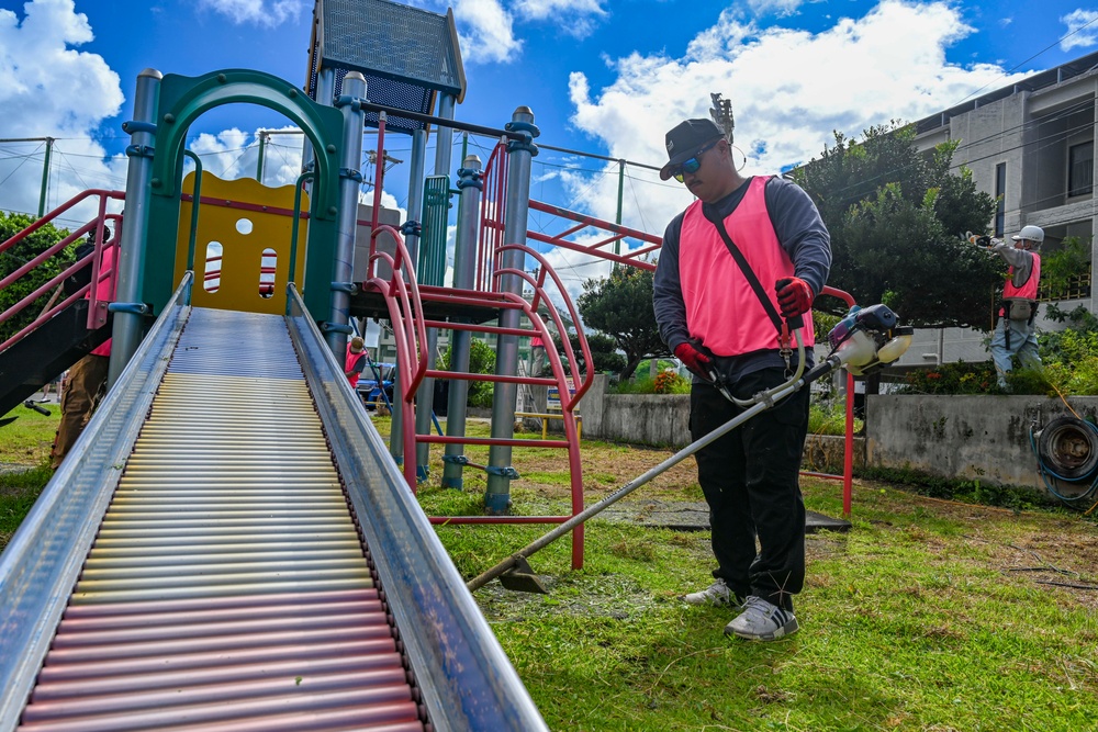 U.S. service members beautify Okinawan school grounds during volunteer project