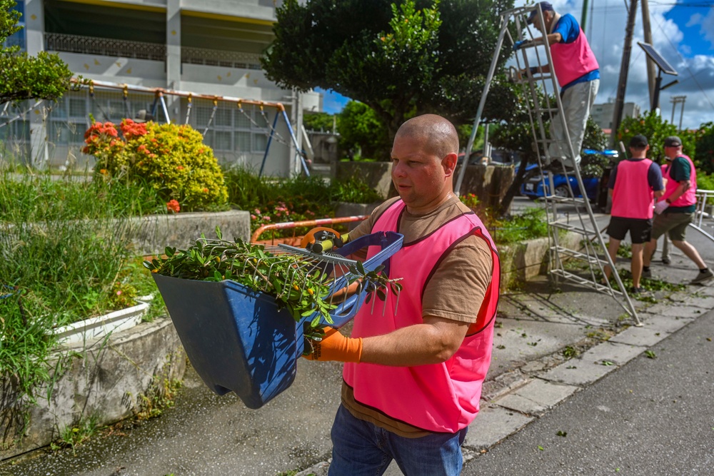 U.S. service members beautify Okinawan school grounds during volunteer project