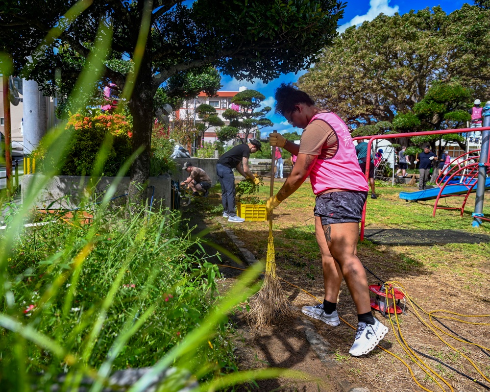 U.S. service members beautify Okinawan school grounds during volunteer project