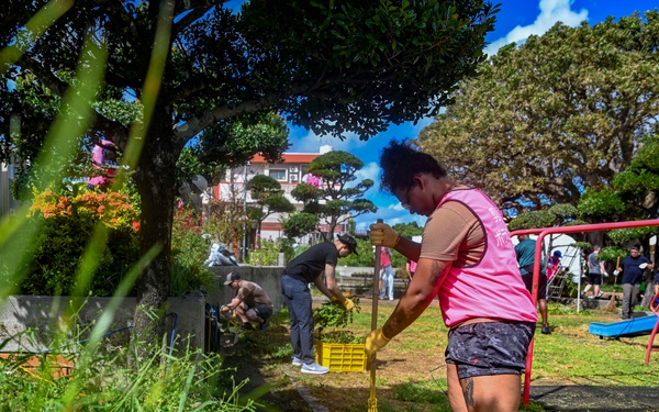 U.S. service members beautify Okinawan school grounds during volunteer project
