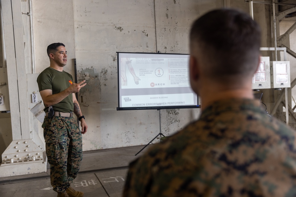 U.S. Marines with Marine Medium Tiltrotor Squadron 262 train in tactical combat casualty care