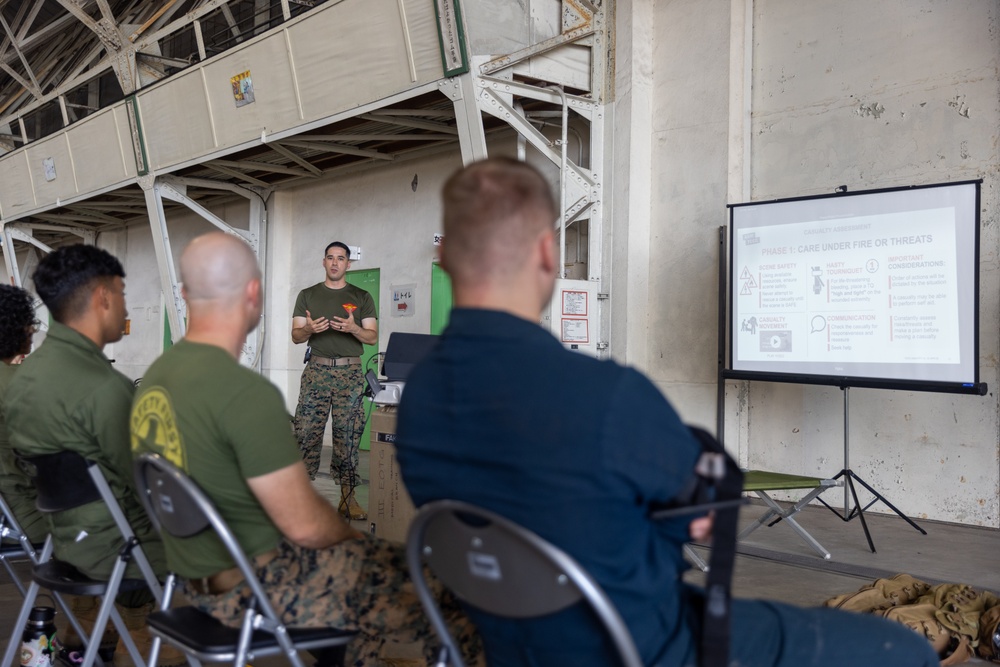 U.S. Marines with Marine Medium Tiltrotor Squadron 262 train in tactical combat casualty care