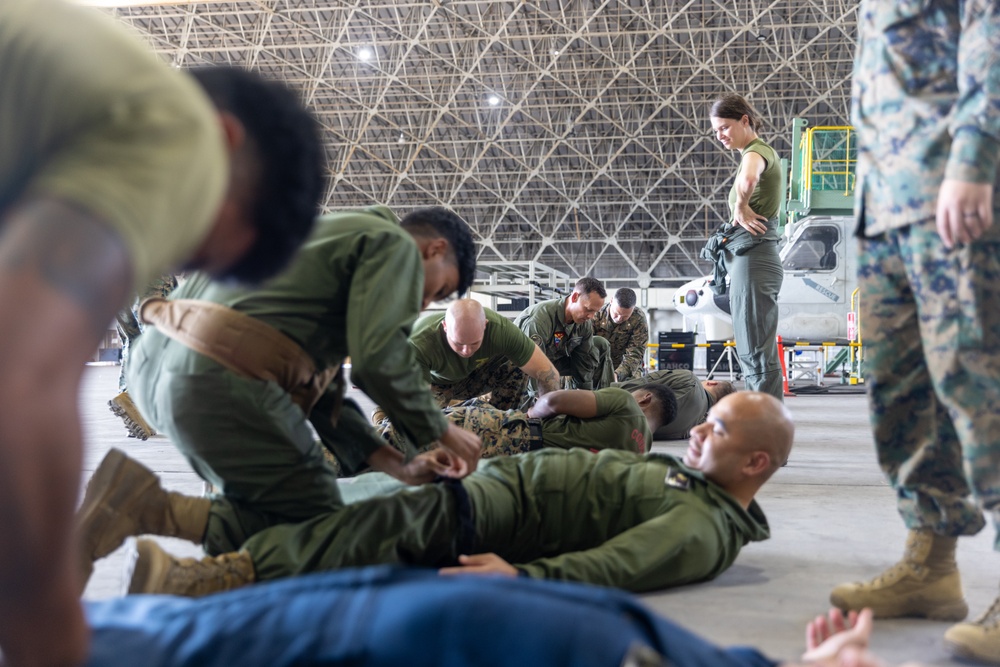 U.S. Marines with Marine Medium Tiltrotor Squadron 262 train in tactical combat casualty care