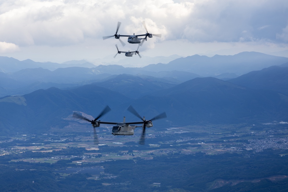 U.S., Japanese Osprey aircraft fly together during Resolute Dragon 25