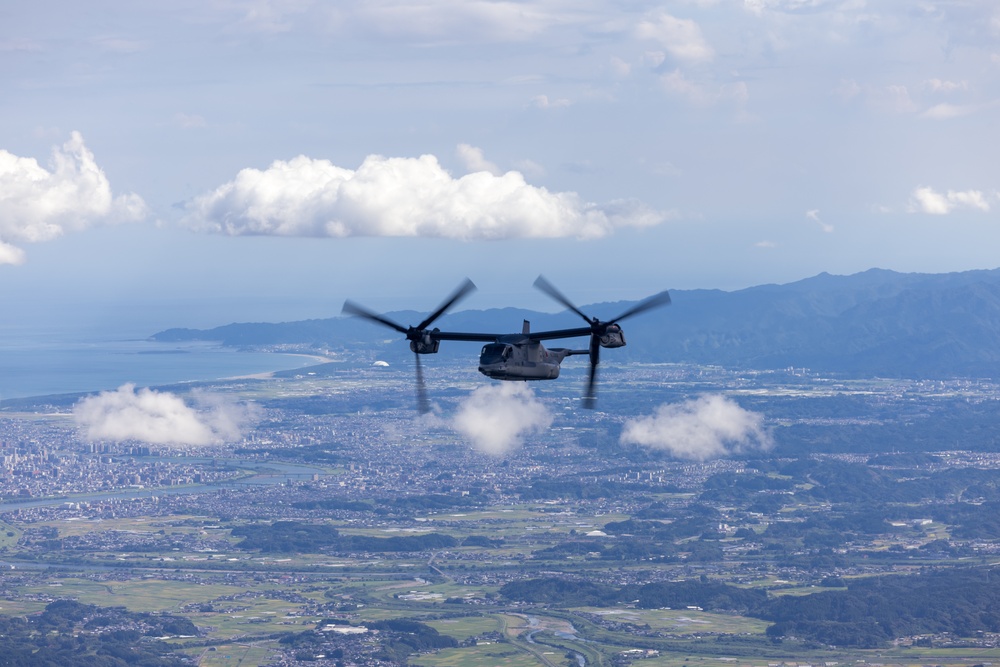 U.S., Japanese Osprey aircraft fly together during Resolute Dragon 25