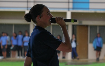 Pacific Partnership 2025 Multinational band member, Australian Army Private Miella Sartori, performs for Palau High School students, in support of Pacific Partnership 2025, Sept. 23.