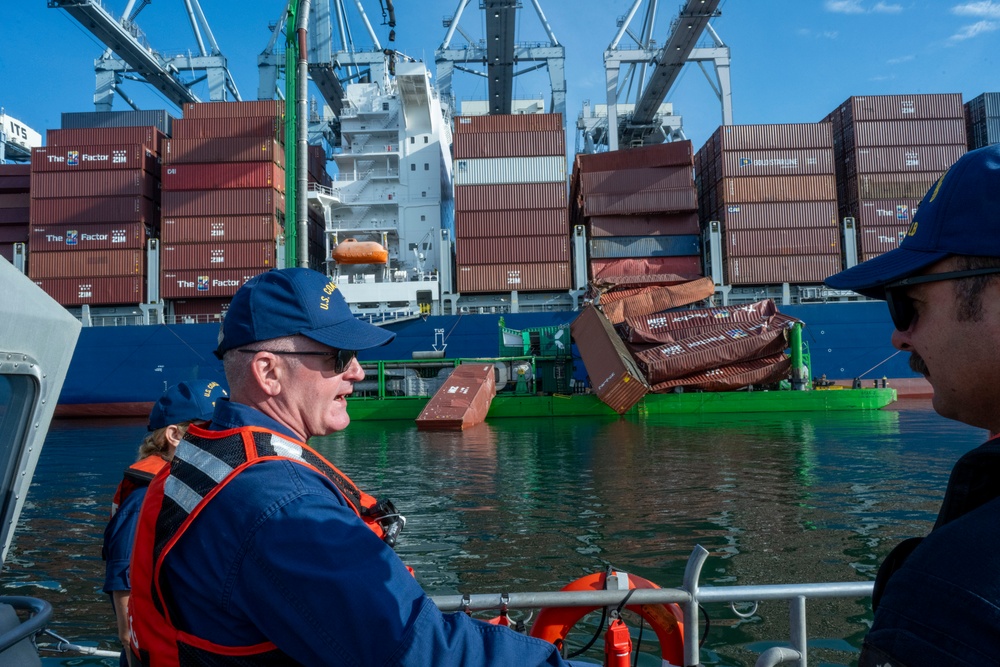 Rear Adm. Jeffrey Novak visits Coast Guard Station Los Angeles-Long Beach and the Incident Command Post for the Pier G container incident at the Port of Long Beach