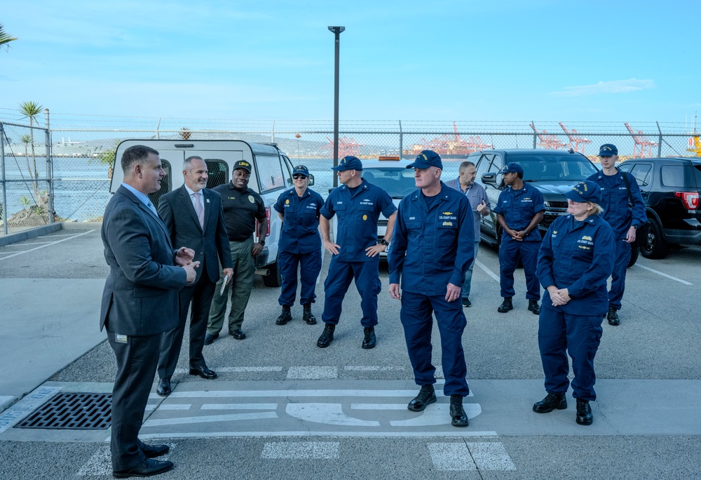 Rear Adm. Jeffrey Novak visits Coast Guard Station Los Angeles-Long Beach and the Incident Command Post for the Pier G container incident at the Port of Long Beach