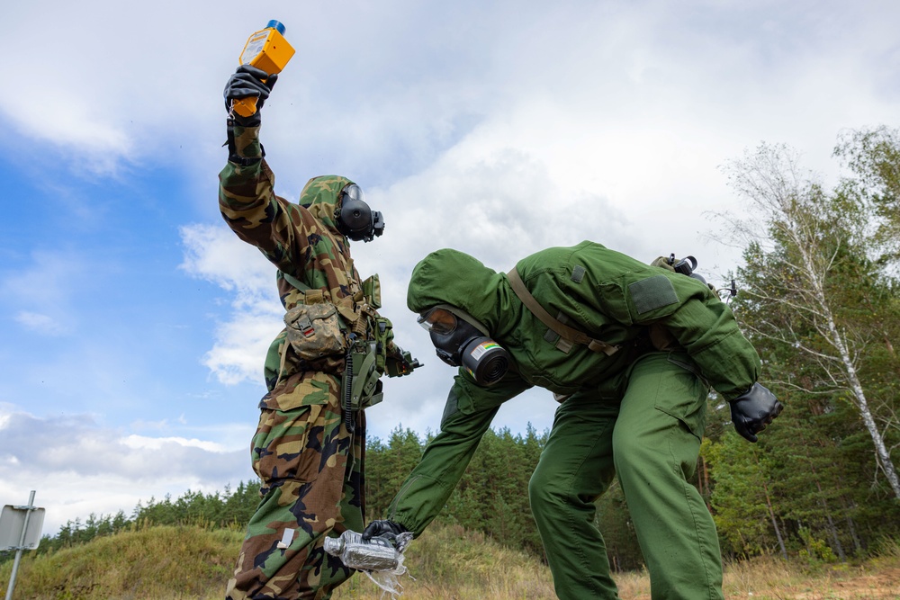 U.S. Army Soldier gets decontaminated at Engineer Thunder 2025