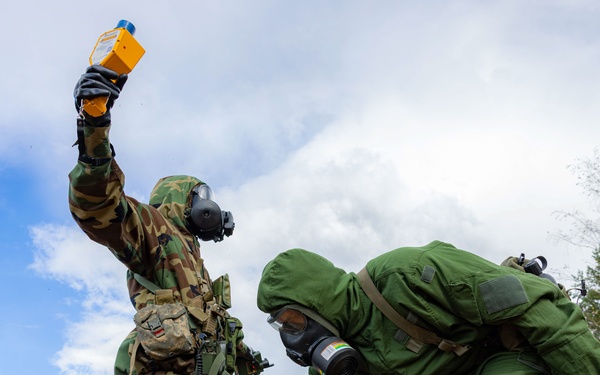U.S. Army Soldier gets decontaminated at Engineer Thunder 2025