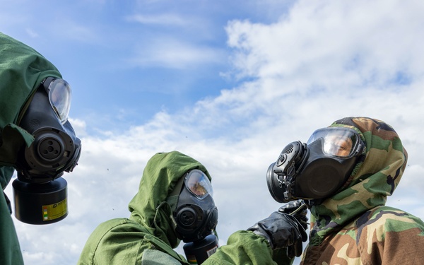 U.S. Army Soldier gets decontaminated at Engineer Thunder 2025