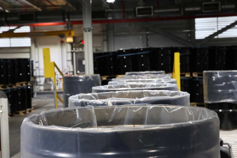 Bins lined up waiting to be filled with propellant at Radford Army Ammunition Plant.