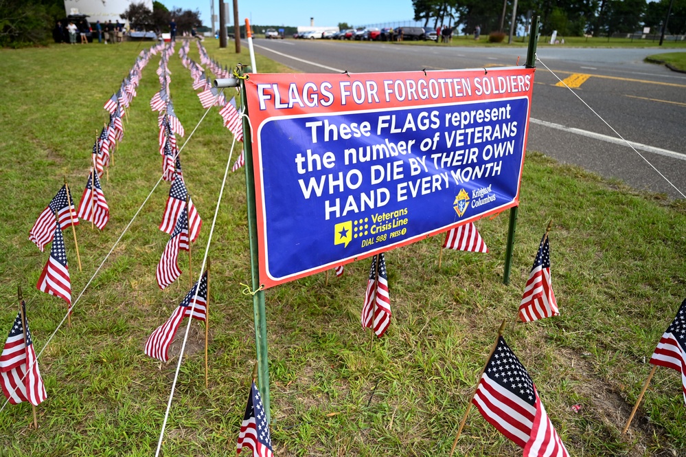 Flags For Forgotten Soldiers represent the number of veterans who die by their own hand every month.