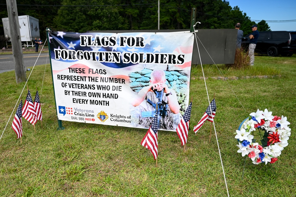 Flags For Forgotten Soldiers represent the number of veterans who die by their own hand every month.
