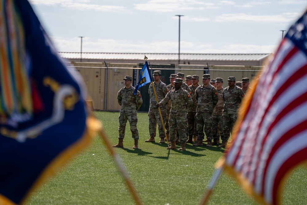 46th Chemical Company cases unit colors during inactivation ceremony on Fort Bliss