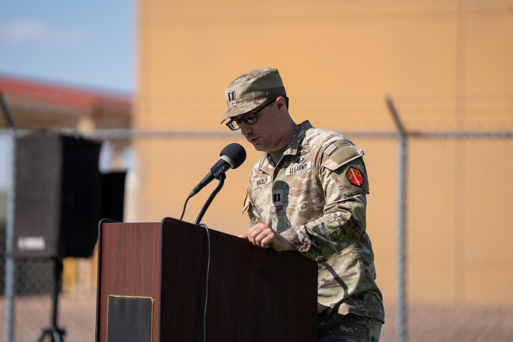 46th Chemical Company cases unit colors during inactivation ceremony on Fort Bliss