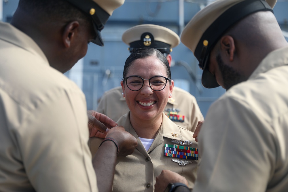 Sailors aboard the USS John Finn hold a chief petty officer pinning ceremony in the South China Sea