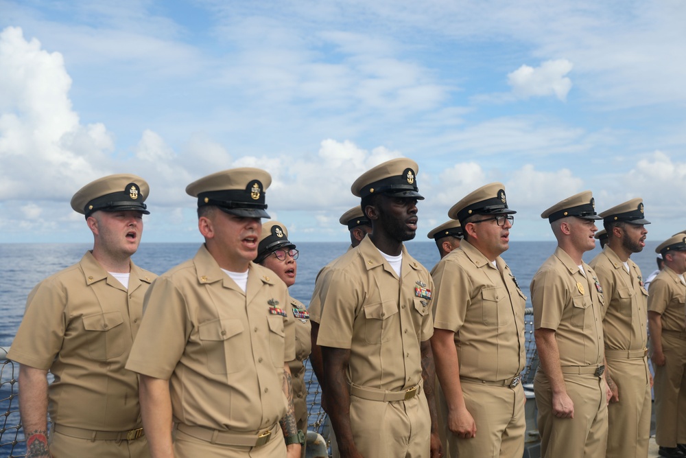 Sailors aboard the USS John Finn hold a chief petty officer pinning ceremony in the South China Sea