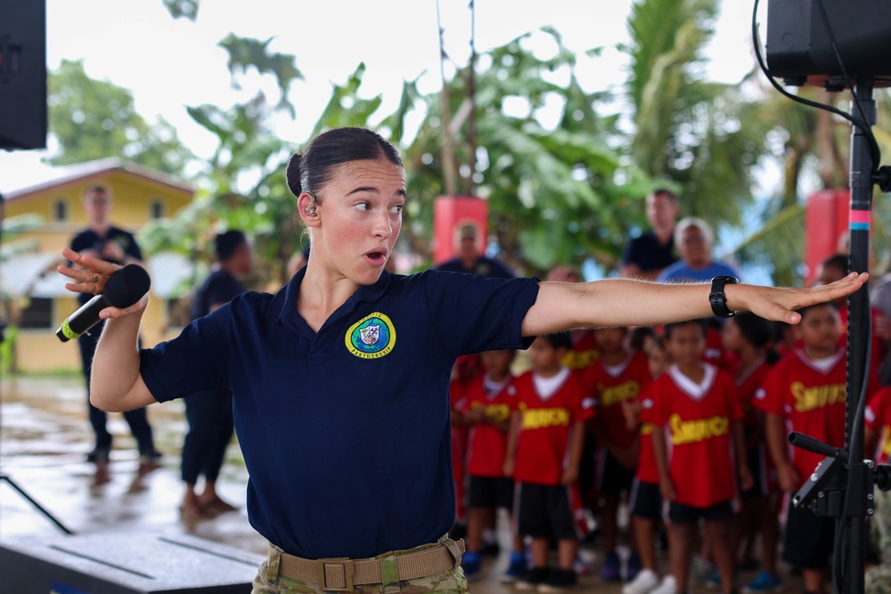 Pacific Partnership 2025 Multinational Band member, Australian Army Private Miella Sartori, performs for George B. Harris Elementary School students, in support of Pacific Partnership 2025, Sept. 24.