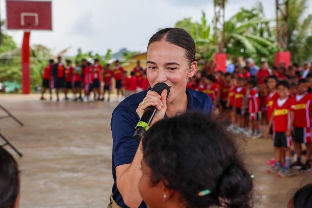 Pacific Partnership 2025 Multinational Band member, Australian Army Private Miella Sartori, performs for George B. Harris Elementary School students, in support of Pacific Partnership 2025, Sept. 24.