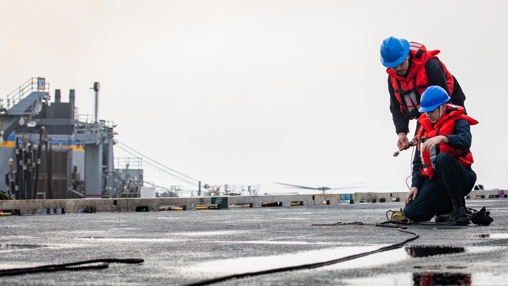 USS Gerald R. Ford (CVN 78) Sailors Adjust Sound-Powered Telephone Line