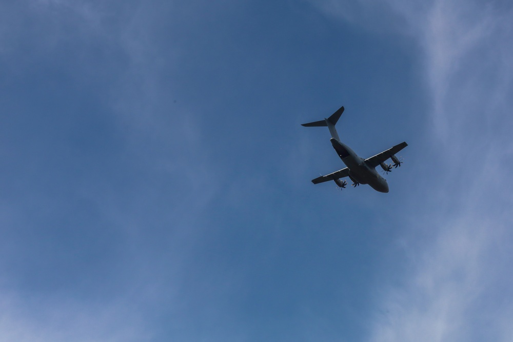 Allied Aircraft Fly Over Drop Zone Ahead of Falcon Leap Airborne Operations