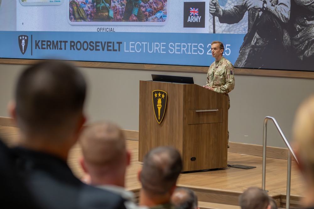 Lieutenant General Sir C.S. Collins, speaks to USAWC students during the Kermit Roosevelt Lecture Series 2025