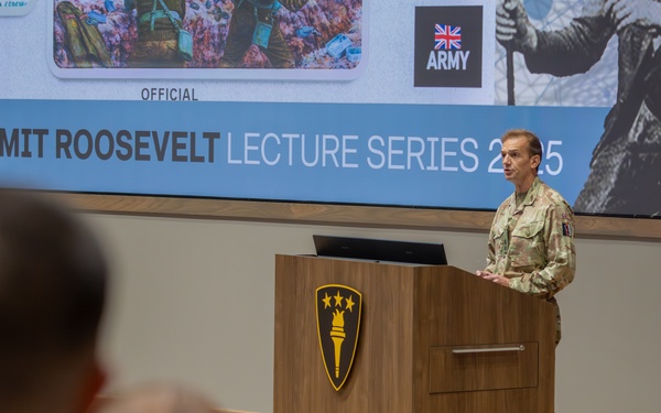Lieutenant General Sir C.S. Collins, speaks to USAWC students during the Kermit Roosevelt Lecture Series 2025