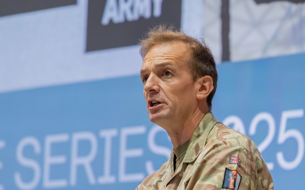 Lieutenant General Sir C.S. Collins, speaks to USAWC students during the Kermit Roosevelt Lecture Series 2025