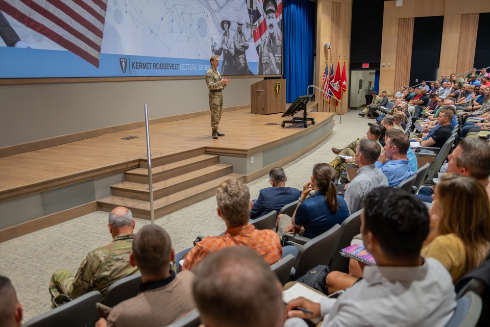 Lieutenant General Sir C.S. Collins, speaks to USAWC students during the Kermit Roosevelt Lecture Series 2025