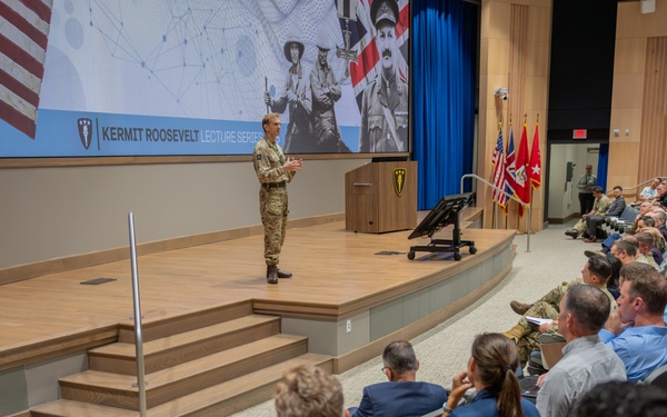 Lieutenant General Sir C.S. Collins, speaks to USAWC students during the Kermit Roosevelt Lecture Series 2025