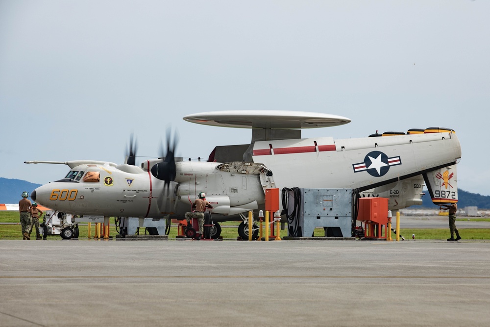 VAW-125 E2D Hawkeyes takeoff for Freedom Edge 25
