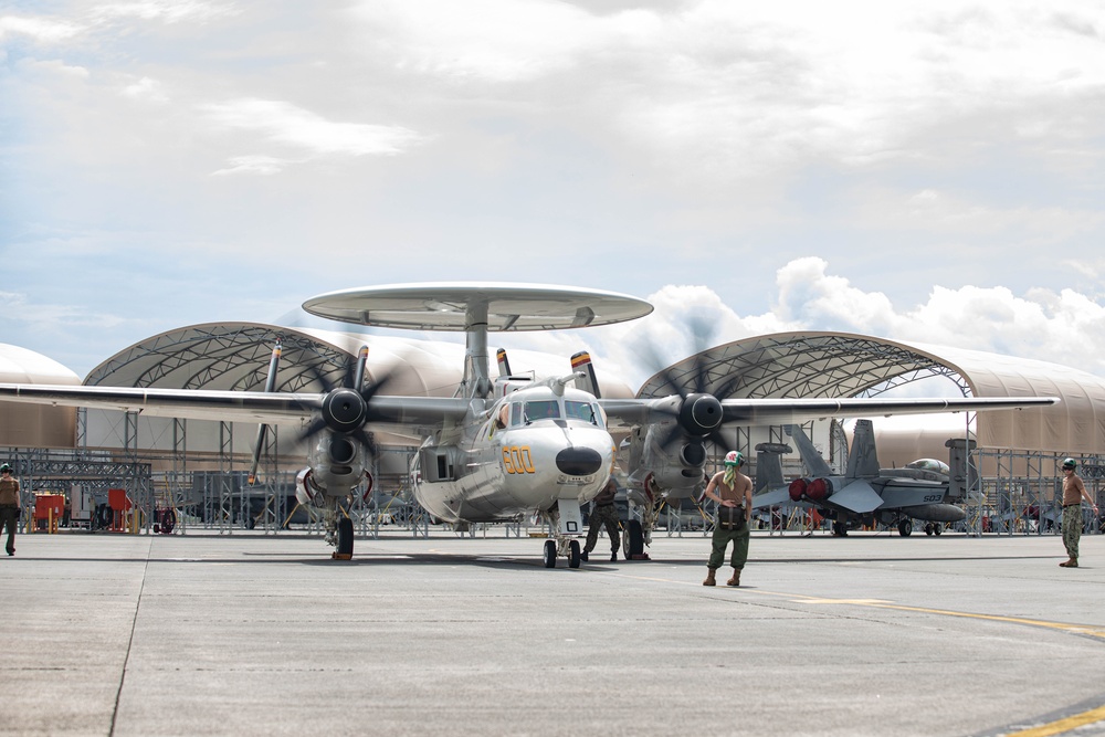 VAW-125 E2D Hawkeyes takeoff for Freedom Edge 25