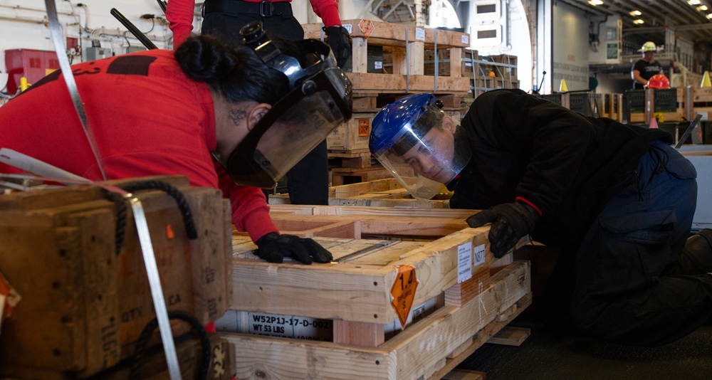USS America (LHA 6) Conducts Ordnance Handling Evolution
