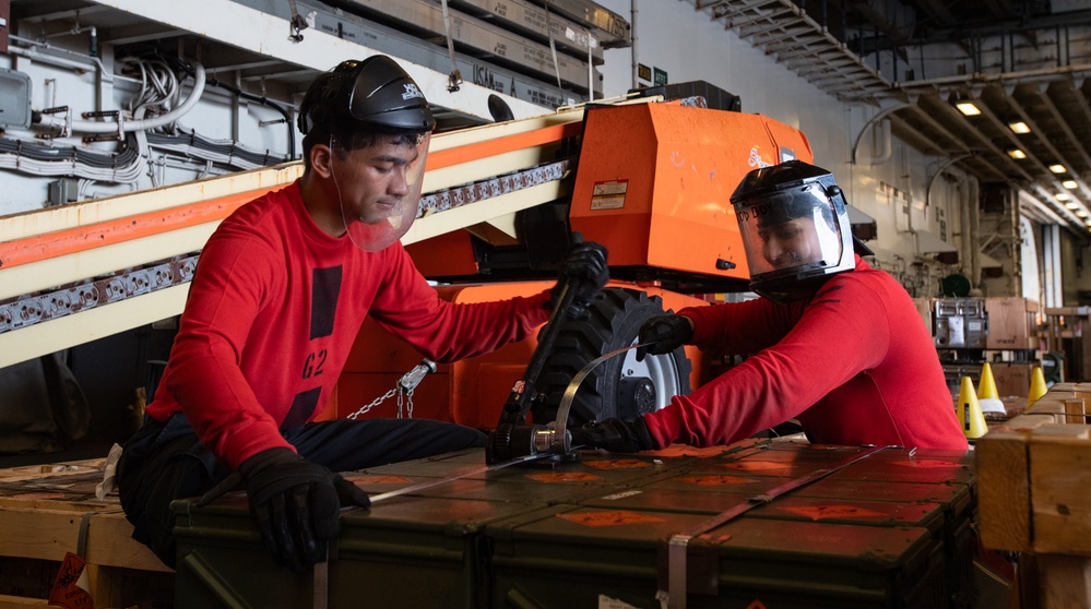 USS America (LHA 6) Conducts Ordnance Handling Evolution