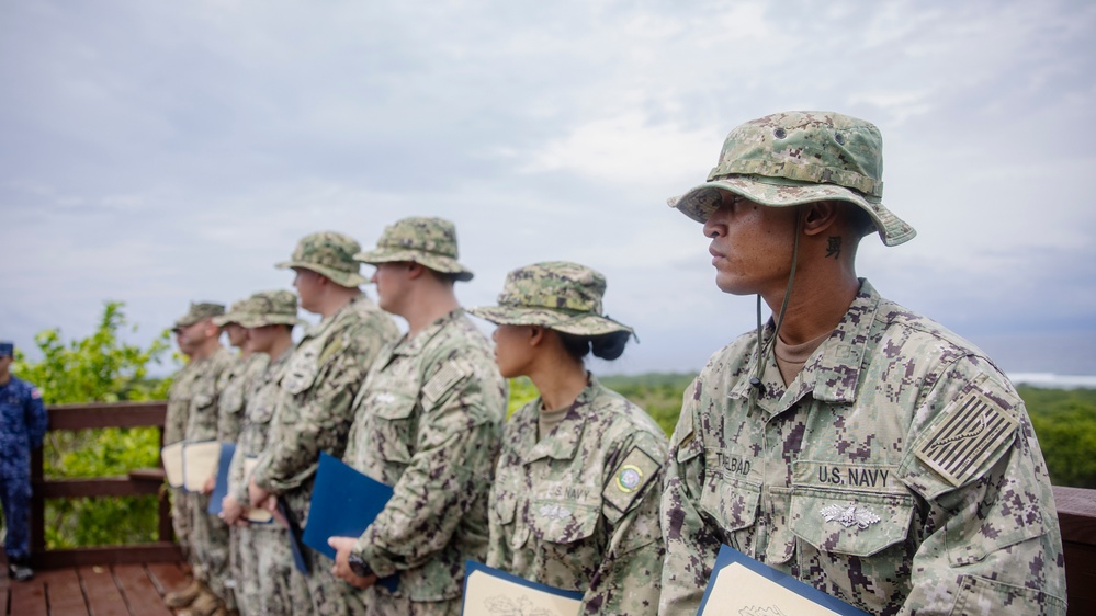 Pacific Partnership 2025 multinational service members attend a Seabee Combat Warfare pinning ceremony on Bloody Nose Ridge in Peleliu, Palau