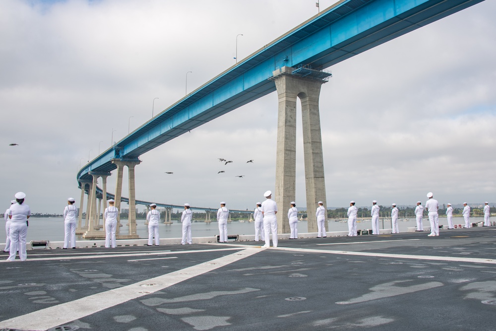 USS America (LHA 6) Man the Rails in Transit to San Diego