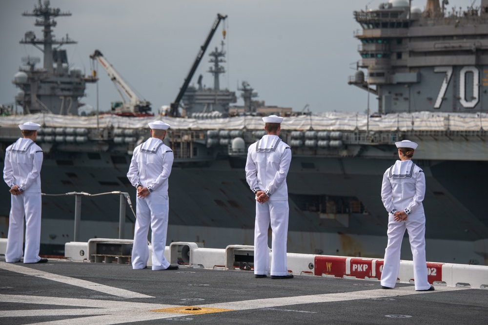 USS America (LHA 6) Man the Rails in Transit to San Diego