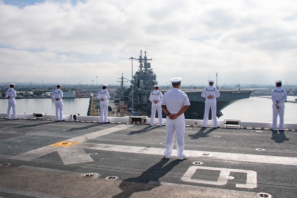 USS America (LHA 6) Man the Rails in Transit to San Diego