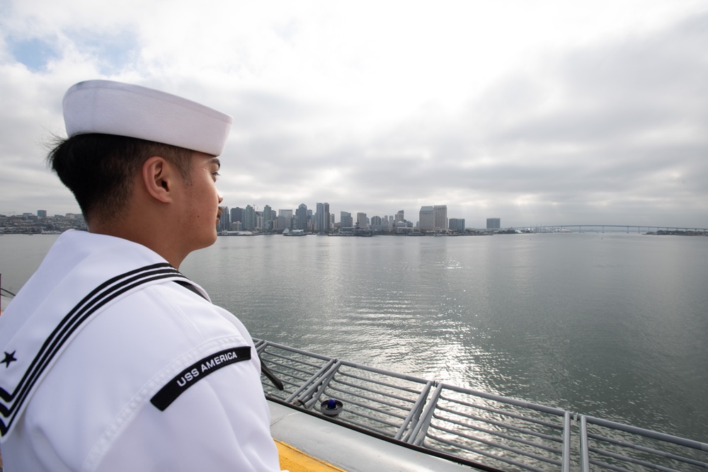USS America (LHA 6) Man the Rails in Transit to San Diego