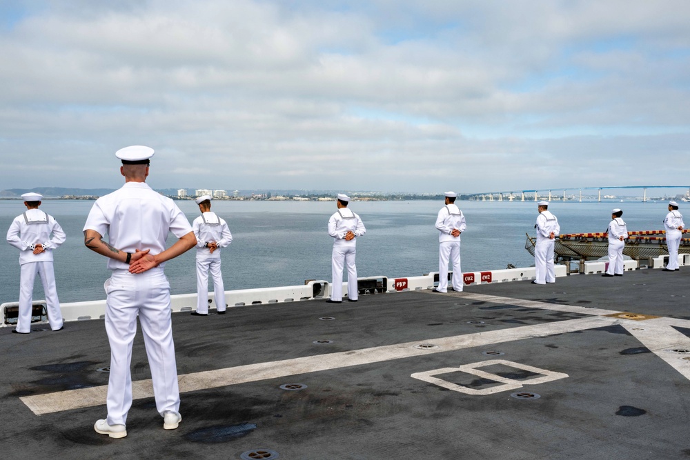 USS America (LHA 6) Man the Rails in Transit to San Diego