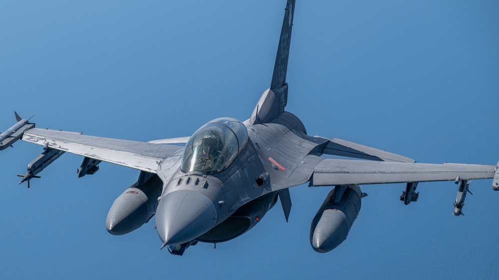 F-16D Fighting Falcon flies over the Gulf of America