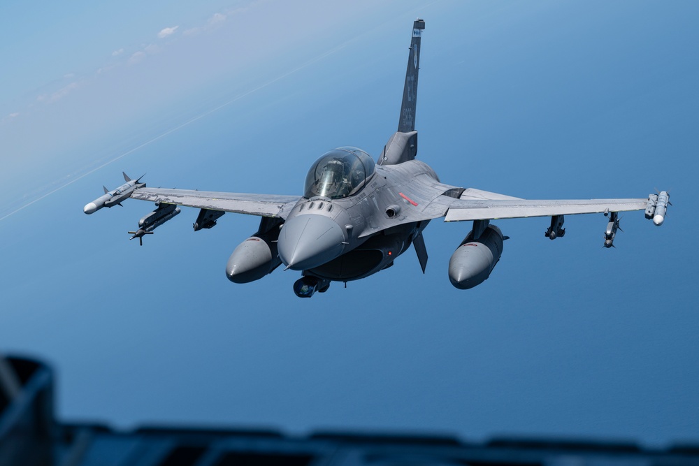 F-16D Fighting Falcon flies over the Gulf of America