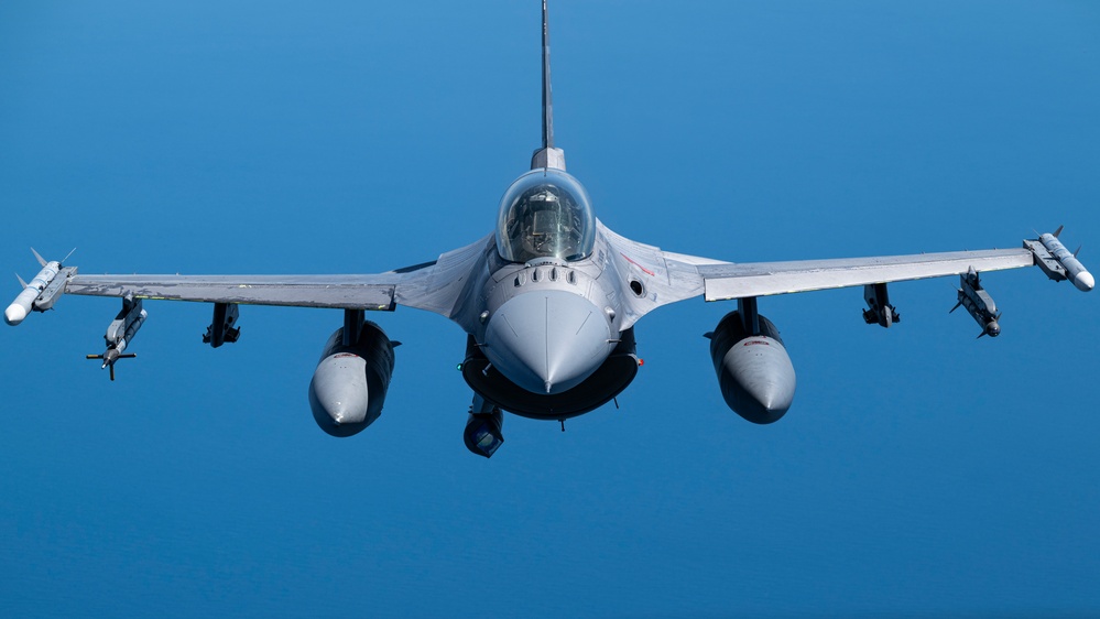 F-16D Fighting Falcon flies over the Gulf of America