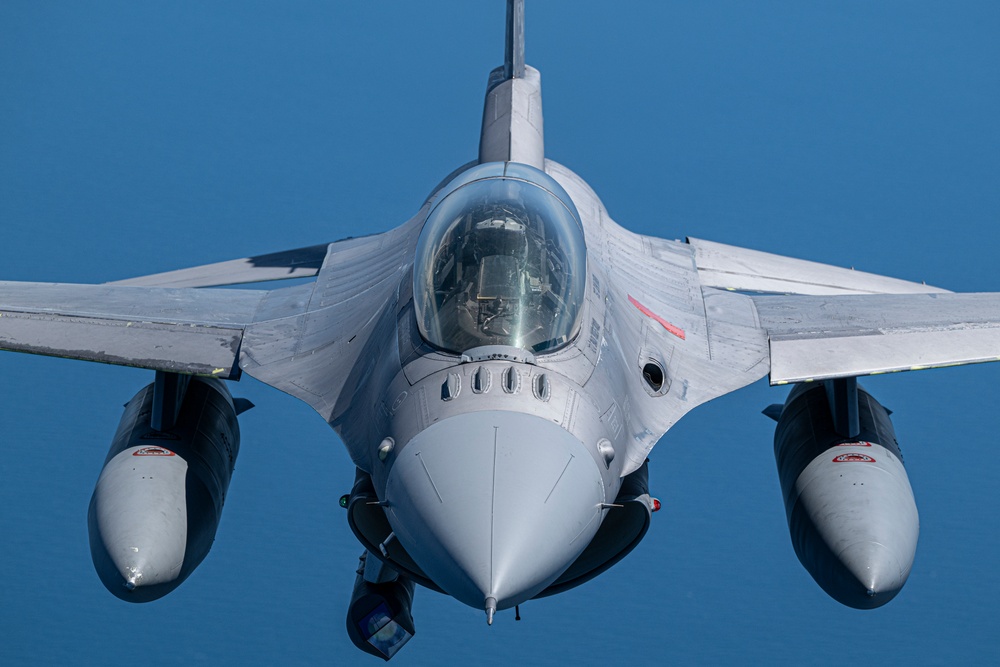 F-16D Fighting Falcon flies over the Gulf of America