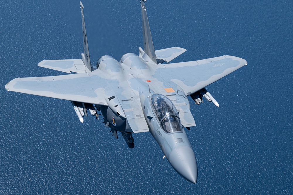 F-15EX Eagle II flies over the Gulf of America