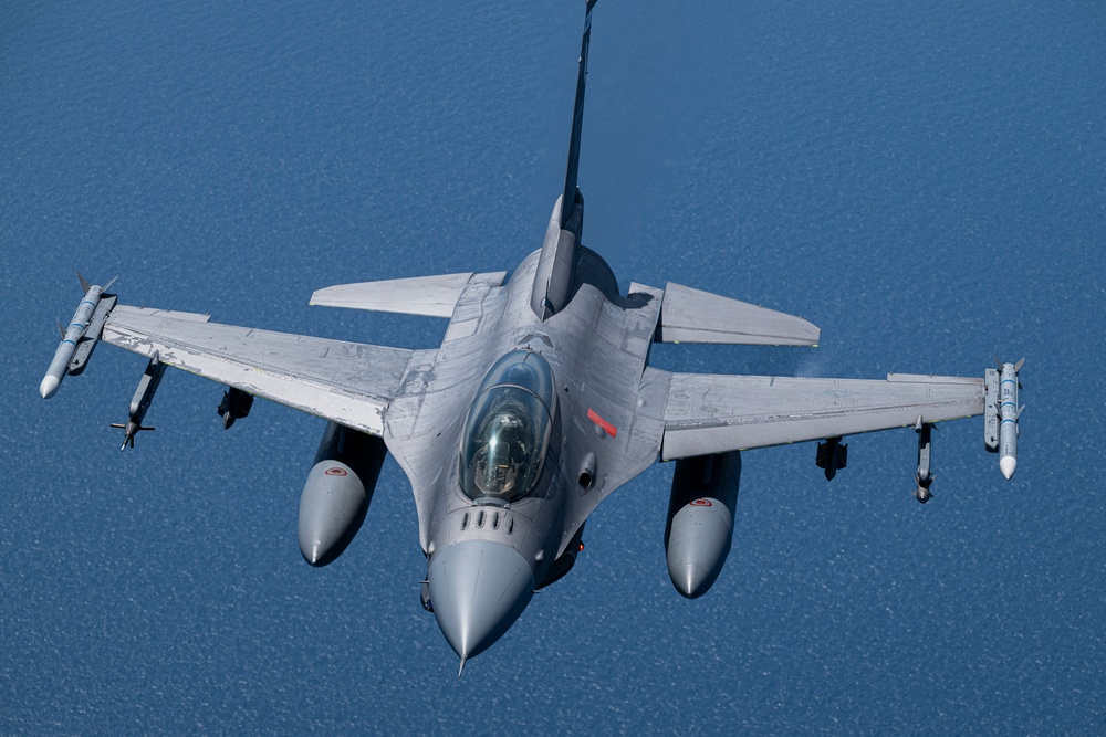 F-16D Fighting Falcon flies over the Gulf of America