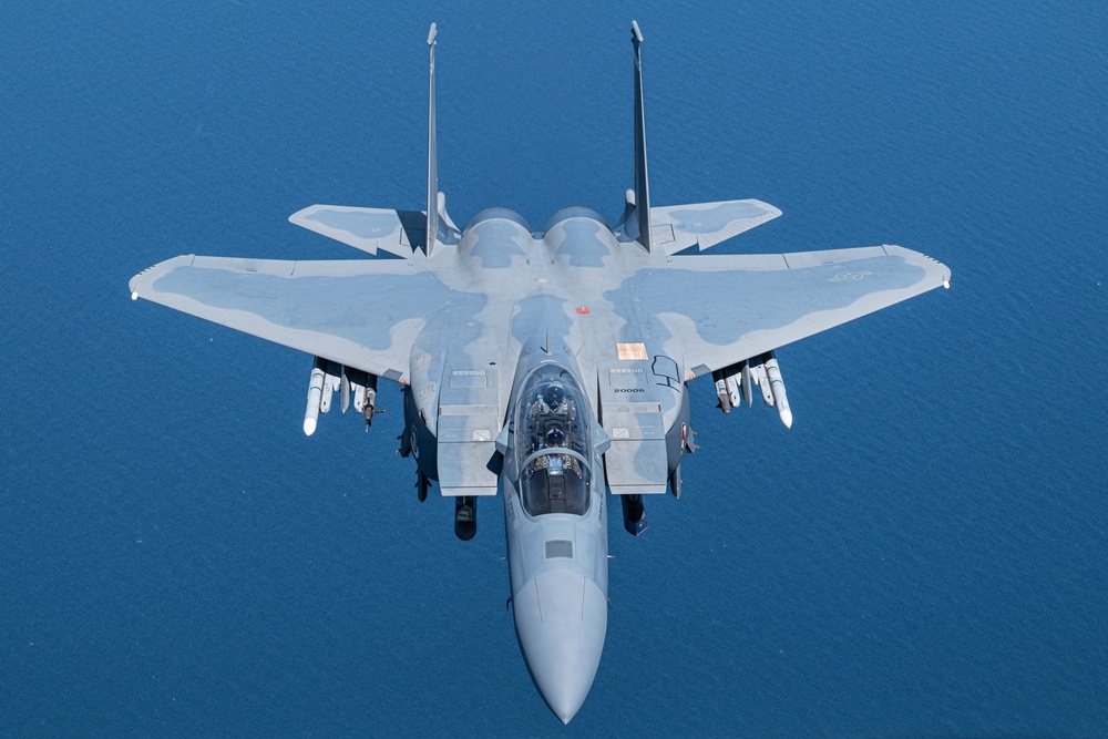 F-15EX Eagle II flies over the Gulf of America
