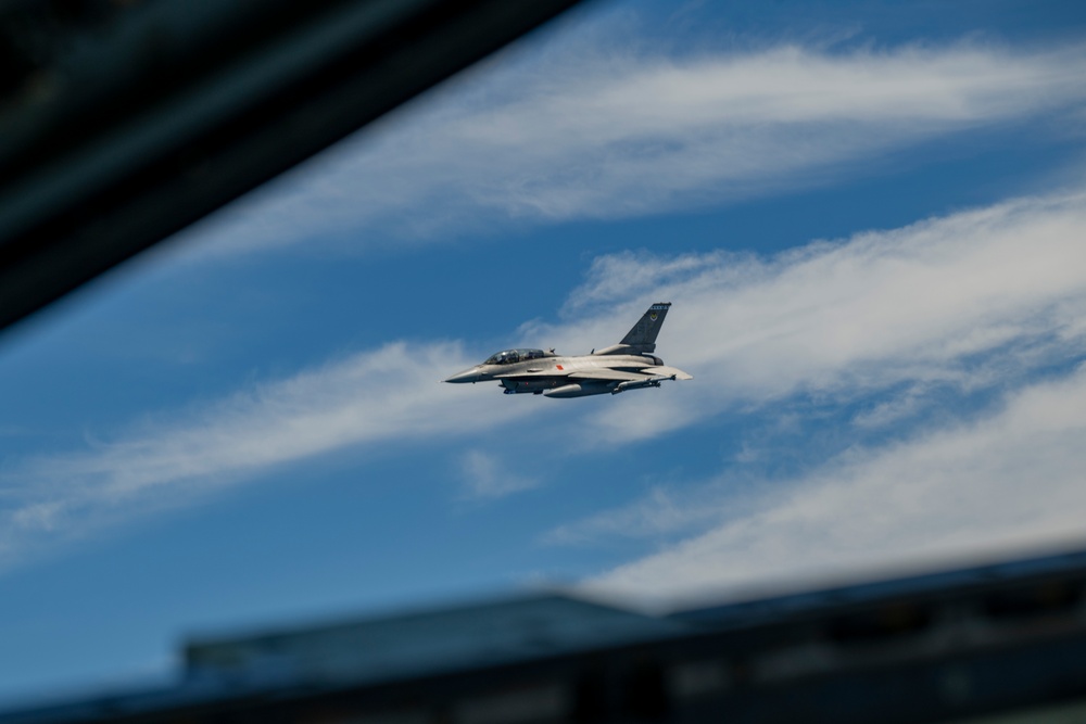 F-16D Fighting Falcon flies over the Gulf of America